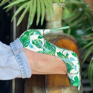 Leaf leaves design peep toe heels sexy green and white floral shoes